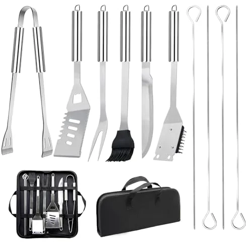 JUAUO 11Pcs Juego de Utensilios Barbacoa de Acero Inoxidable Profesionales Accesorios Barbacoas - Kit Barbacoa Prácticas con Bolsa Portatil - Herramientas Parrilla BBQ para Camping Picnic Exterior