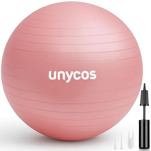 unycos - Pelota de Pilates, Gimnasia, Yoga, Fitness y Embarazo, Fitball Antideslizante y Anti-Burst【65 cm】de PVC Extra Grueso, Resistencia de 300 kg, Incluye Hinchador (Rosa Claro con Logo)