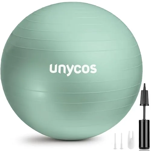 unycos - Pelota de Pilates, Gimnasia, Yoga, Fitness y Embarazo, Fitball Antideslizante y Anti-Burst【55 cm】de PVC Extra Grueso, Resistencia de 300 kg, Incluye Hinchador (Verde con Logo)