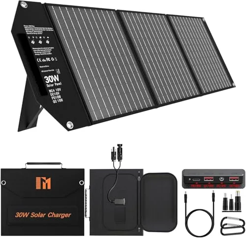 Mesuvida 30W Placa Solar Portatil con 5 Puertos, 18V MC4 Mayor Salida/18V DC/QC 3.0 USB-A y USB-C (PD 18W) Cargador Solar, Panel Solar Plegable con Soportes, Placas Solares Camper