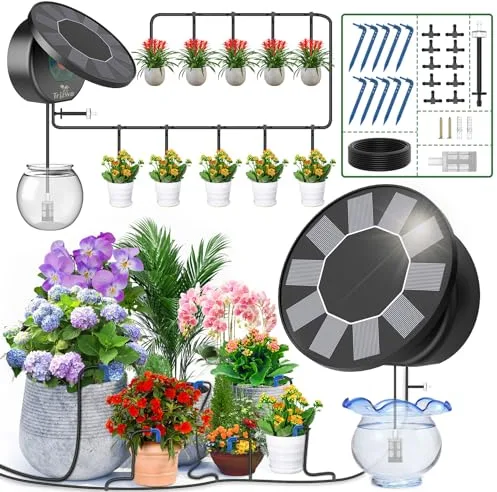 TRJZWA Sistema de Riego Solar para Jardín,Riego por Goteo Automatico Kit Solar con 9 Programas de Riego Manguera de 10 m para Jardín/Plantas de Balcón/Plantas en Macetas al Aire Libre