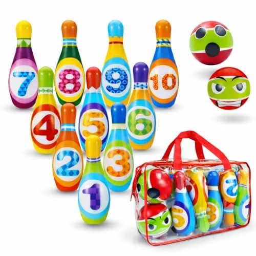 Juego de BOLOS INFANTILES - Juguetes niños 2 años a 4. BLANDO Y SEGURO. 10 Bolos de Gomaespuma de 14cm + 2 Bolas | Incluye Bolsa de Transporte. Para interior y exterior | Regalo niño 2 años a 4 |
