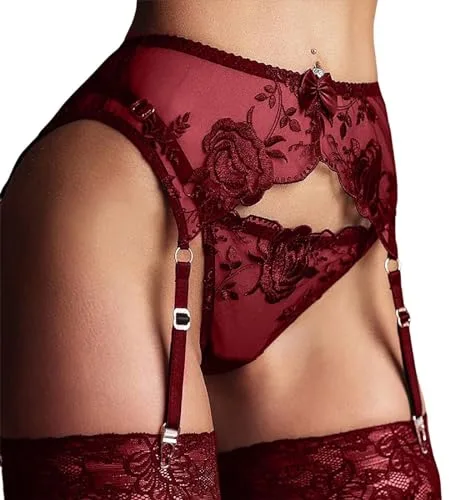 Liguero Encaje Sexy Mujer con 4 Clips Ajustables Tanga Medias,Ropa Interior Tirantes Cintura Alta Malla Transparente Ligas,Conjunto Lencería Encaje Floral 2 Piezas para San Valentín (Rojo)