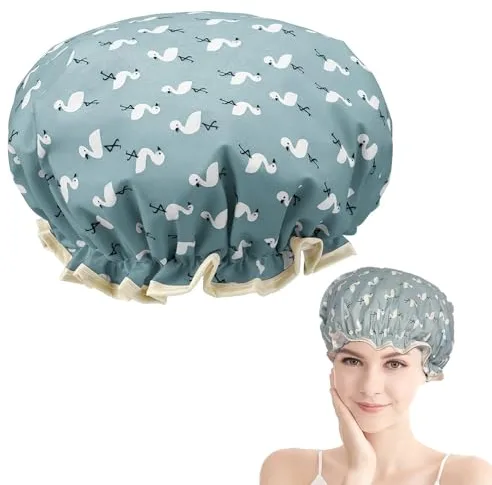 Gorro de ducha de doble capa para mujer, gorro de ducha reutilizable con banda elástica para el cabello, gorro de ducha de plástico impermeable con volantes que cubren las orejas, adecuado para