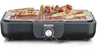 Severin barbacoa de mesa con parrilla de acero inoxidable, para interior y exterior, 2.300 W, superficie de la parrilla de 37 x 29 cm, regulación de temperatura por termostato, negro PG 8554