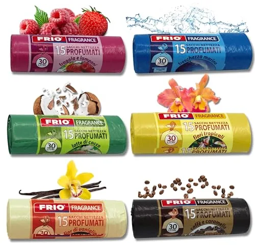 FRIO MULTIFRUTTI – Juego de 6 paquetes de 15 bolsas de basura 30l perfumadas, con 6 aromas y colores surtidos – 52 x 58 cm, extra resistentes, con asas de cierre, para cubos debajo del fregadero