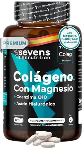 Colágeno Hidrolizado Puro con Magnesio Ácido Hialurónico y Coenzima Q10 - Colageno Marino para Huesos, Articulaciones y Piel - Con Vitaminas A, C, D3, B12 y Zinc - 120 Cápsulas - Sevens