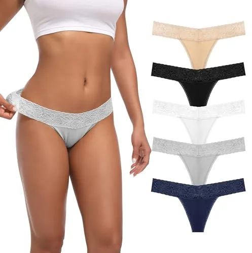 Auithery Tangas para Mujer, Sexy, de Encaje, de algodón, cómodas, Suaves, Tallas XS-4XL, Paquete de 5, 5 Tangas de algodón con Encaje, Color Oscuro, M