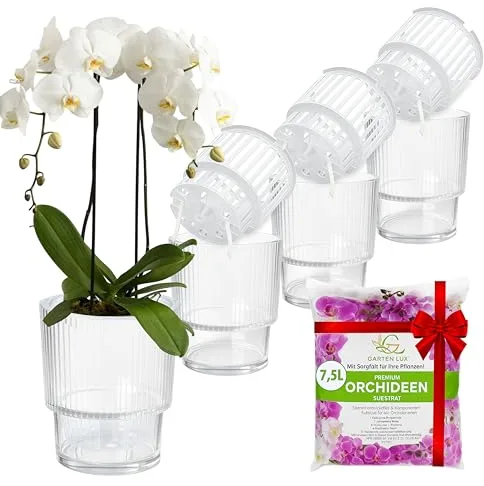 Juego de 4 macetas auto-riego transparentes para orquídeas Garten lux, Ø13cm, maceta para orquídeas 1,7L (maceta interior 1,35L con agujeros de drenaje y mecha) + 7,5L de sustrato para orquídeas para