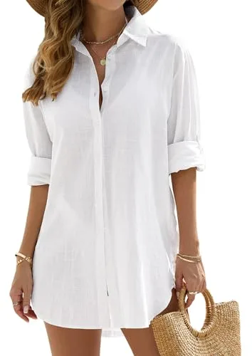 Vancavoo Vestidos de Playa Mujer Camisolas de Playa Bikini Cover Up Camisas de Manga Larga Suelta Pareos de Casual Color Sólido Blusa con Botón para Verano(Blanco,M)