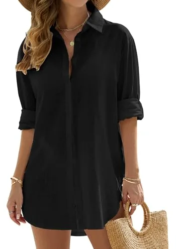 Vancavoo Vestidos de Playa Mujer Camisolas de Playa Bikini Cover Up Camisas de Manga Larga Suelta Pareos de Casual Color Sólido Blusa con Botón para Verano(Negro,S)