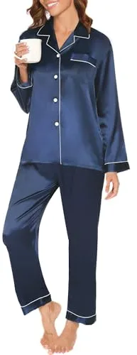 Reliwel Conjunto de Pijama Seda Mujer 2 Piezas Manga Larga con Botones Ropa de Dormir Satén Ropa de Noche Largo Pantalón Pijama Botones Mujer Loungewear S~XXL