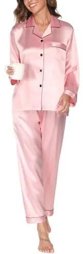 Reliwel Conjunto de Pijama Seda Mujer 2 Piezas Manga Larga con Botones Ropa de Dormir Satén Ropa de Noche Largo Pantalón Pijama Botones Mujer Loungewear S~XXL