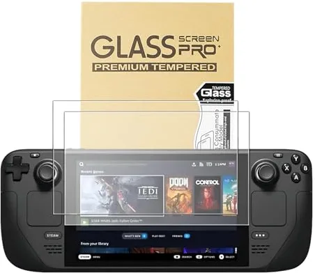 Fourmor Protector de pantalla para Steam Deck OLED de 7,4 pulgadas (nuevo 2023) - Película de vidrio templado 9H, HD transparente resistente a los arañazos, caja de piel de vaca, paquete de 2
