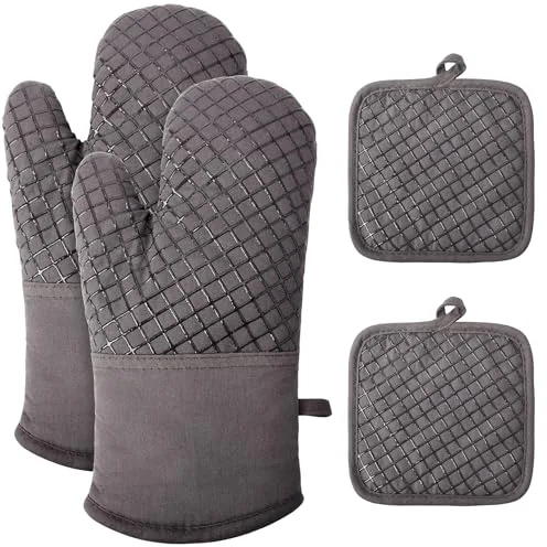 Manoplas Horno, Juego de 4 Manoplas para Horno,2 Guantes de Cocina, 2 agarraderas, Guantes de Cocina Resistentes al Calor y Antideslizantes - Ankway