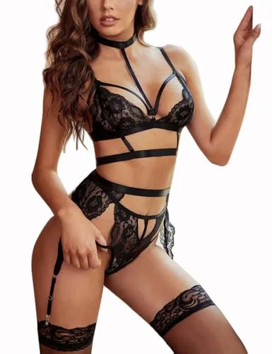 OHWHOA Conjuntos de Lencería Mujer Sexy Encaje Ropa Dormir Lingerie 4 Piezas Set con Interior Mujer Liga Tangas Medias