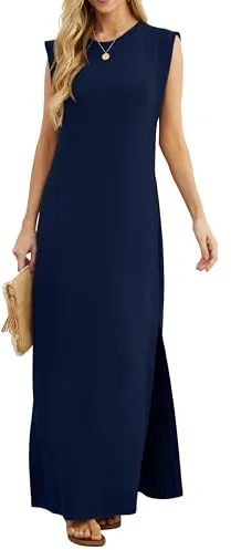 GRECERELLE - Vestido largo sin mangas para mujer, estilo camisero informal de verano, elegante, clásico, con abertura y bolsillos, azul marino, L