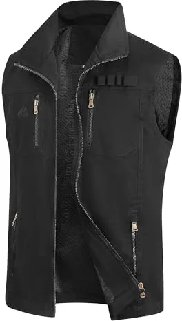 MeiLayM Hombres Aire Libre Chaleco Casual Respirable Chaleco Pesca de Algodón Sin Mangas chaleco Fotografía Vintage Cámping Montañismo con Multibolsillos Chaleco Negro,XXL