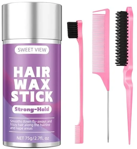 SWEET VIEW Cera para el cabello en barra y cepillo para el cabello para alisar los cabellos rebeldes, cola de caballo elegante, moño, accesorio para el cabello para mujeres, niñas y niños