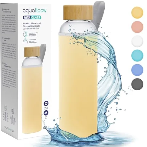 Aquafloow Botella Agua de Vidrio con Tapa de 700ml, Vidrio de Borosilicato Con Tapa de Bambú de Neopreno, Sin BPA, Reutilizable | Ideal para La Oficina, El Exterior, La Escuela – Amarillo