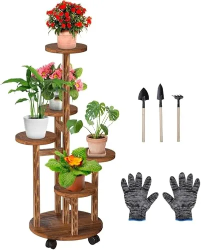 Wuciray Estanteria para Plantas Madera 5 Niveles Soporte Plantas Interior Macetas con Ruedas para Jardín (1#)