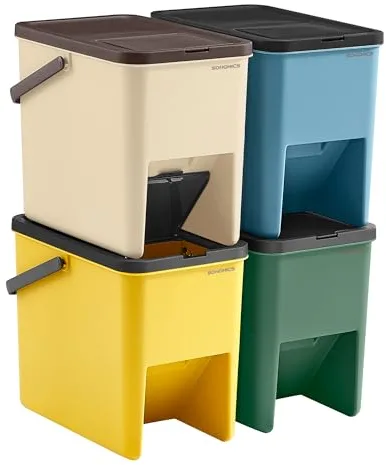 SONGMICS Cubo de Basura, Juego de 4 Cubos Apilables, 20 L Cada, Sistema de Separación Residuos, Tapas Apertura a Presión, con Pegatinas, Cubo de Almacenaje, Amarillo, Azul, Beige y Verde LTB760Q01