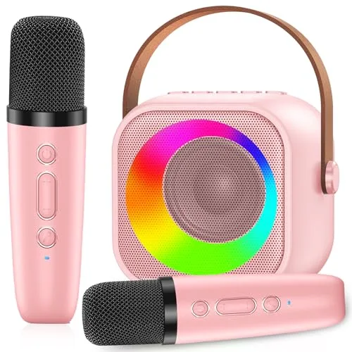 Karaoke Niños con 2 Microfono Inalambricos, Portátil Microfono Niños con Luces LED, Máquina de Karaoke Bluetooth Regalos para Niñas Juguete Fiestas de Familiares