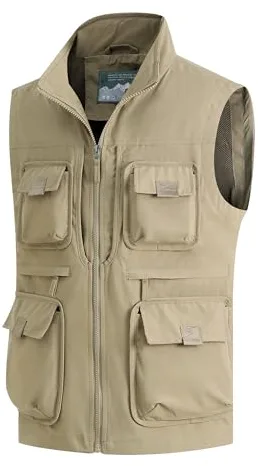 MeiLayM Hombres Al Aire Libre Chaleco de Pesca Multibolsillos Casual Chaqueta Secado Rápido Malla Chaleco Ligero Sin Mangas Chaqueta Fotografía Caza Cámping Senderismo Caqui,M