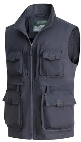 MeiLayM Hombres Al Aire Libre Chaleco de Pesca Multibolsillos Casual Chaqueta Secado Rápido Malla Chaleco Ligero Sin Mangas Chaqueta Fotografía Caza Cámping Senderismo Gris,XXL