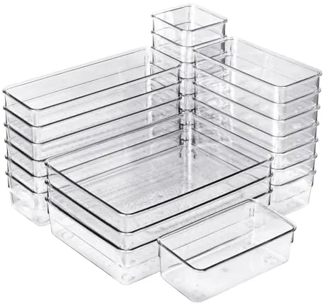 Set de 25 Cajones de Organización | Organizadores de Plástico Transparentes | Separadores de Cajones para Escritorio | Baño | Cocina | Frigorífico | Despensa | Maquillaje | Joyas | Multiusos