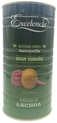 Aceitunas Rellenas de Anchoa - Lata de 1,4 kg - Aceitunas Rellenas Anchoa Gran tamaño Excelencia