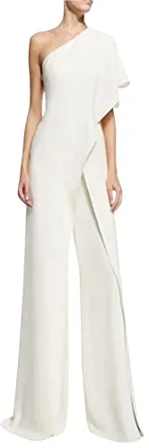 YANFJHV Mono para mujer elegante para boda, blanco, mono de un hombro, pantalón de trabajo, fiesta, club, ropa de calle, cintura alta, pantalones anchos, pelele de una sola pieza, Blanco, XXXL