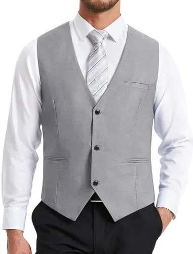 HISDERN Chaleco Traje Hombre Gris Claro Formal Elegante Chalecos de Vestir para Hombre Boda Fiesta Negocio Clásico Color Liso con Bolsillo XXL