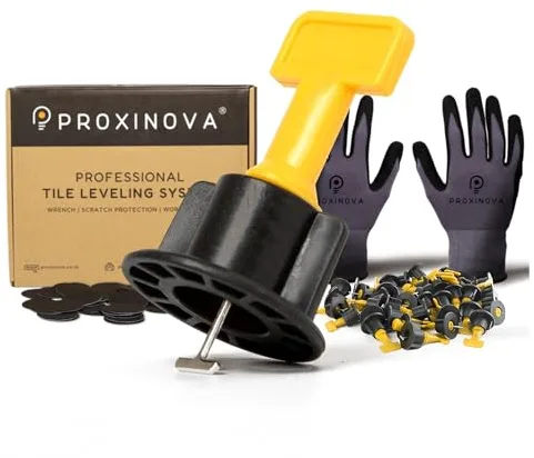 Kit Sistema de Nivelación de Azulejos Proxinova 100pcs, Separadores de Azulejos, Sistema Anti-Rasguños, 2 Llaves, Guantes de Trabajo, 100 T-Pines