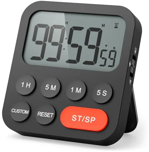 LIORQUE Temporizador de Cocina Digital Temporizador Multifunción con Función de Reloj, Ajuste Rapido, 3 Niveles de Volumen, Respaldo Magnético, Soporte Plegable - Negro (1 Pieza)