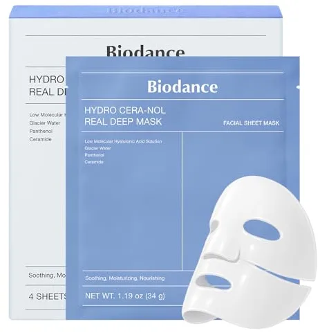 BIODANCE Hydro Cera-nol Real Deep Mask, Mascarilla Facial de Hidrogel Nocturna, Hidratante y Calmante, Reduce el Enrojecimiento y Refuerza la Barrera, K-Beauty | 4 Unidades