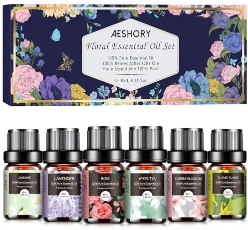 AESHORY Floral Aceites Esenciales para Humidificador 6 X 10ML, 100% Natural Set de Aceite Esencial Aromaterapia para Difusor, Masaje - Flor de Cerezo, Jazmín, Lavanda, Rosa, Té Blanco, Ylang Ylang