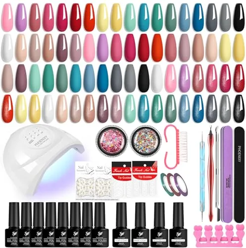 Phoenixy Kit Uñas Semipermanentes, 24 Colores Uñas Semi-permanentes Set Completo con 48W Lampara kit de uñas semi permanente, Regalos para Mujeres Kit Manicura Semipermanente