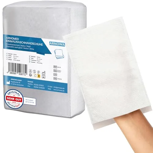 50 ARNOMED manoplas de baño desechables moletón, manoplas desechables secas para bebés, niños y adultos, toallitas desechables individuales 75g/m², blancas y suaves para la higiene personal