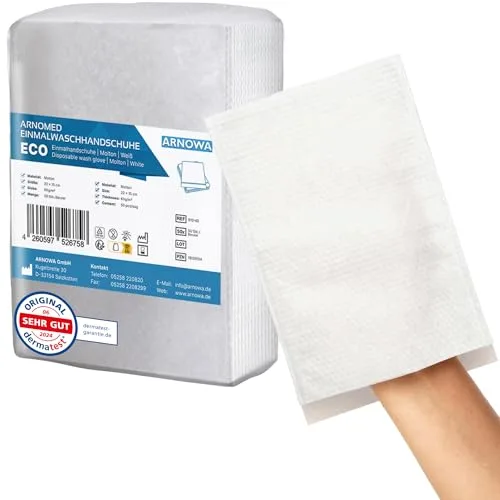 50 ARNOMED manoplas de baño desechables moletón, manoplas desechables secas para bebés, niños y adultos, toallitas desechables individuales 60g/m², blancas y suaves para la higiene personal