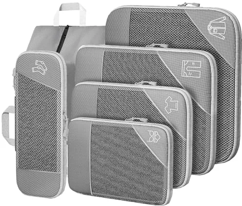 Organizador Maleta Bolsas Organizadoras Maleta, 6 Piezas Compression Packing Cubes, Gris Ultraligero Extensible Organizador Maleta Viaje para Guardar Ropa Mientras Viaja y en Casa