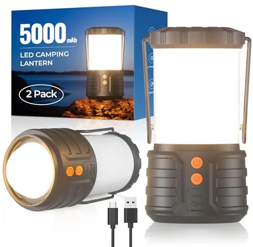 PopoIron Linternas de Camping Paquete de 2, Linternas de Camping LED, Batería Recargable de 5000 mAh, Luces de Emergencia para Cortes de energía, 3 Colores, Linterna Portátil Impermeable IPX4