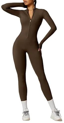 Litthing Mono de Yoga Mujer Ropa Deportiva con Cremallera Manga Larga Traje Una Pieza Jumpsuit Sexy Elásticos Body Overol Traje Gimnasio Entrenamiento Fitness Running
