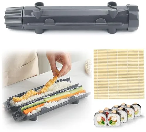 CHRI Bazuca para hacer sushi, juego de sushi con alfombrilla de bambú para principiantes (gris)