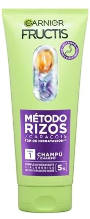 Garnier Fructis Método Rizos Champú, Todo Tipo de Rizos, Definición, Hidratación y Antiencrespamiento, Con Ácido Hialurónico y Manteca de Karité, Sin Sulfatos Ni Siliconas, Fórmula Vegana, 200 ml