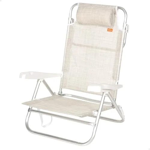 AKTIVE Silla Playa Plegable, 7 Posiciones, Color Beige, 47x49x82 cm, Incluye cojín Acolchado, Asas de Transporte, Soporta 110 kg, Sillas Respaldo reclinable, Multiposición (62667), Estándar, Gris