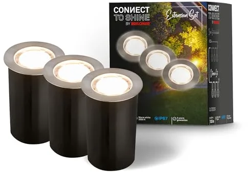 BRILONER - Iluminación de jardín Connect to Shine de 12 V, juego de 3 focos LED empotrables de suelo con funda, juego de extensión, IP67, luces empotrables de suelo, 45x66 mm, plateado