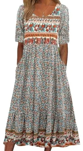 ABYOVRT Vestidos Largos Verano para Mujer Maxi Casual Estampada Retro Vestido de Manga Corta Informal Vestido de Playa con Bolsillos,XL
