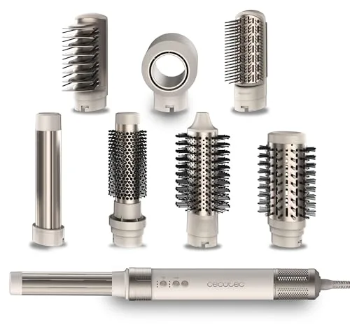 Cecotec Cepillo de Aire Secador Moldeador Alisador Multifunción 8 Cabezales CeramicCare AirGlam Champagne. 1400W, Tecnología Coanda, 3 Velocidades, 3 Temperaturas, Control Inteligente Calor, 110000rpm