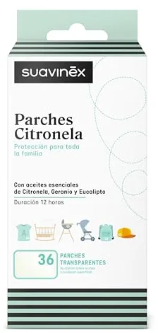 Suavinex, Parches de Citronela Antimosquitos para Bebés, Niños y Adultos, Hasta 12 H de Duración, Parches Adhesivos Transparentes para Textiles y Superficies, No Manchan, Fácil de Usar, 36 uds